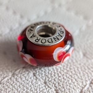 Authentic Pandora Red and White Flower Brown Bead Charm 925 ALE